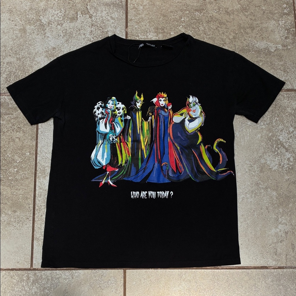 Zara Black Short Sleeve Tee with Colorful Villain Graphic